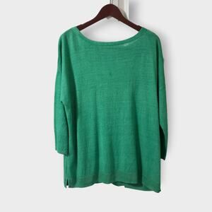 Talbots Green Linen Boatneck Sweater Sz XL Drop Shoulder 3/4 Sleeve Boxy Relaxed